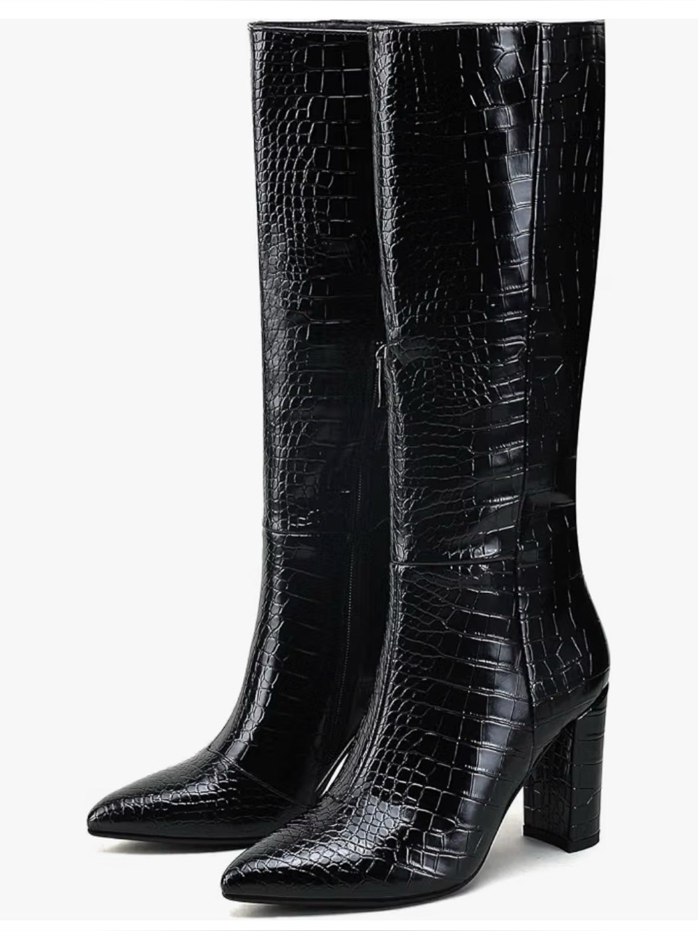 Modatope Milla Women’s Knee High Boots: Faux Croc Block Heel, Pointed Almond Toe
